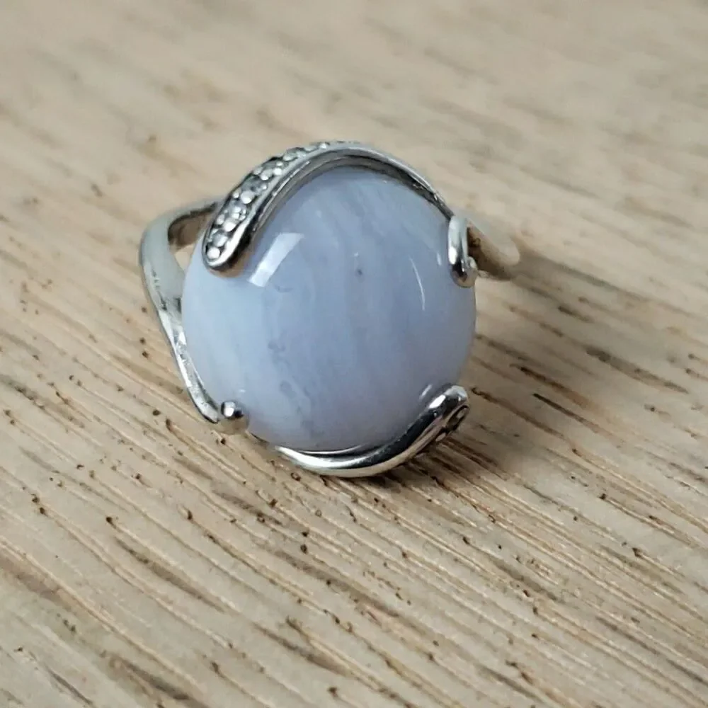 Blue Lace Agate Cabochon Ring CZ Accent 925 Silver Size 6